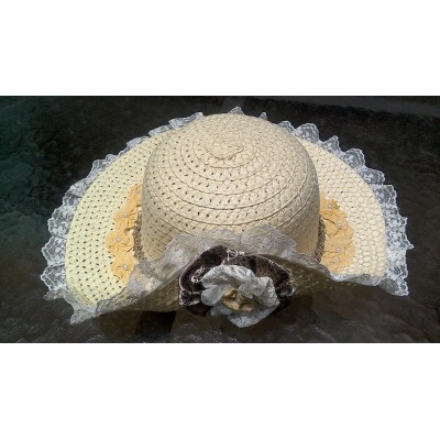  's Fancy Sun Hat Straw  Browns  Tans & White  with Clip Ornament  eb-02545546